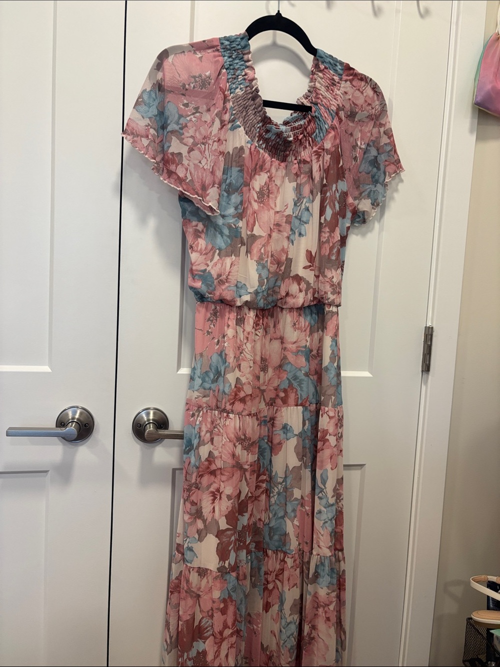 Floral Pink Blue Maxi Dress with Smocked Neck
